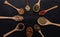 Various kind of dried leaves ,herbs, fruit and flower put in many kind of wooden spoons on black background.