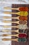 Various kind of spices in wooden spoons. Various spices in wooden spoon on wood table background, black pepper, cumin, turmeric,