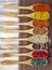 Various kind of spices in wooden spoons. Various spices in wooden spoon on wood table background, black pepper, cumin, turmeric,