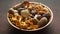 Various kinds of assorted raw mushrooms placed in wooden bowl