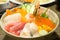 Various kinds of sashimi raw fish rice bowl in Japan