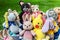 Various knitted soft toys outdoors