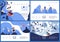 Various landing page templates about ice tubing and winter activities on donut drawn in blue color with happy characters