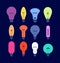 Various light bulbs. Creative idea colourful bulbs, minimal lamps vector isolated set