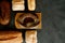 Various loaves of bread. Baked bread on black background. Food background, knolling style.