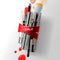 Various makeup brushes and cosmetics with red ribbon. Sale poster