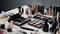 Various makeup professional cosmetics on white table. Generative AI.