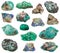 Various Malachite stones isolated on white