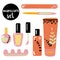 Various manicure accessories, equipment, tools. nail polish, hand cream, polish remover, brush. Hand drawn colored vector set. All