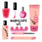 Various manicure accessories, equipment, tools. nail polish, hand cream, polish remover, brush. Hand drawn colored vector set. All