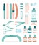 Various manicure accessories, equipment, tools. Nail scissors, nail file, polish remover. big colored vector set