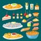 Various meat canape snacks appetizer fish and cheese banquet snacks on platter vector illustration.
