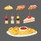 Various meat canape snacks appetizer fish and cheese banquet snacks on platter vector illustration.