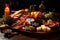 Various meat cuts, charcuterie, fruits and cheeses on a wooden board on the table
