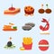 Various meat fish cheese banquet snacks on banquet platter canape snacks appetizer delicious vector.