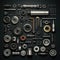 Various mechanical parts arranged on black background
