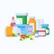 Various medical bottles, tablets, pharmacy products, medicines, antibiotics. Vector illustration
