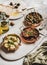 Various Mediterranean vegetarian meze, olive oil and fresh bread