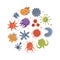 Various Microorganisms of Round Shape, Funny Germs, Viruses and Microbes Characters, Design Element Can Be Used for