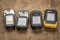 Various models of Garmin handheld Etrex GPS device used in outdoor activities and racing