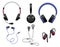 Various music earphones. Types realistic stereo audio earbuds with microphone, wireless headset and portable in ear