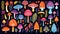 Various mystical mushrooms, Psychedelic background, autumn forest,