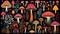 Various mystical mushrooms, Psychedelic background, autumn forest,