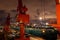 Various night views of the port, piers, terminal and cityline of the Port Qingdao, China, September, 2020.