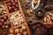 Various nuts selection: peanuts, hazelnuts, chestnuts, walnuts, pistachio and pecans in wooden box. Top view with space for your