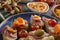 Various open sandwiches on table