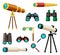 Various optical instruments set. Stylish gold plated retro monocle antique and modern telescope astronomy observing