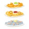 Various oysters meat canape snacks appetizer chips and banquet snacks on platter vector illustration.