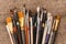 Various paintbrushes collection on sackcloth