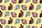 Various perfume bottles on a light yellow background. Stylish seamless pattern for fabric and packaging. An illustration