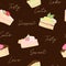 Various piece of cake and cheesecake vector seamless pattern in flat cartoons style. Happy birthday cake background