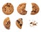 Various pieces of chocolate chips cookies isolated on white background. Homemade choco chip cookies