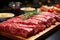 Various pieces of fresh raw red meat in the supermarket, beef, pork, assorted meat