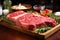 Various pieces of fresh raw red meat in the supermarket, beef, pork, assorted meat steaks on a wooden board.