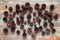 Various pine cones on the wooden table