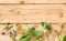 Various plants, leaves of healing herbs and healthy oils on wooden background top view Alternative medicine background