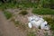 Various plastic water container and gallon jugs sitting on side of trail outdoors