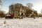 Various playground equipment outside in winter time in Seaton Park, Aberdeen, Scotland