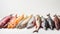 Various raw fish in a row, white background. Seafood assortment, menu. AI generated.