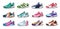 Various realistic sneakers. Colorful footwear. Collection of modern sport shoes for fitness and jogging and everyday