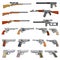 Various rifle, guns and pistols cartoon vector weapons icons