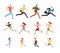 Various running people. Hurrying active male, female and kids vector set