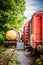 Various rusted wagons and train on the tracks