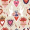 Various Sacred hearts. Traditional Mexican hearts. Hand drawn colored trendy vector illustration. Seamless pattern