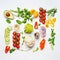 Various salad vegetables ingredients on white background, top view, flat lay. Healthy clean eating