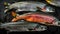 Various salmon fish on rustic table, AI generative flat lay, top view